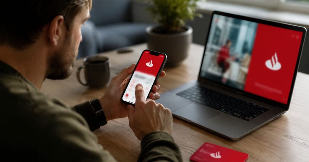 Cliente revisando los teléfonos oficiales de Santander antes de reclamar.
