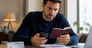 Cliente revisando requisitos para abrir una cuenta bancaria con pasaporte e ING