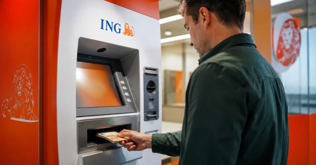 Cliente usando un cajero de ING para ingresar efectivo