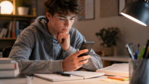Estudiante revisando las condiciones de bunq Pro desde el móvil
