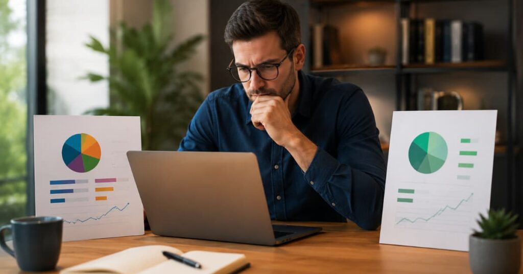 Inversor comparando fondos tradicionales y ETFs para su cartera.