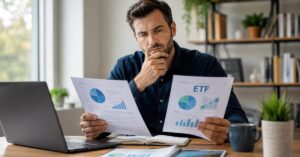 Inversor comparando fondos tradicionales y ETFs para su cartera.
