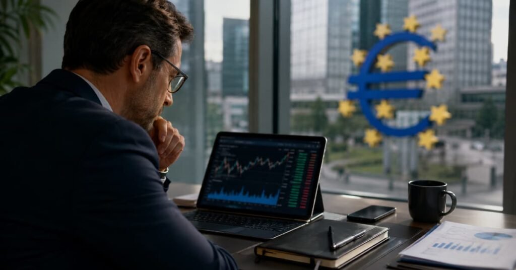 Inversor revisando ETFs de renta fija antes de la reunión del BCE.