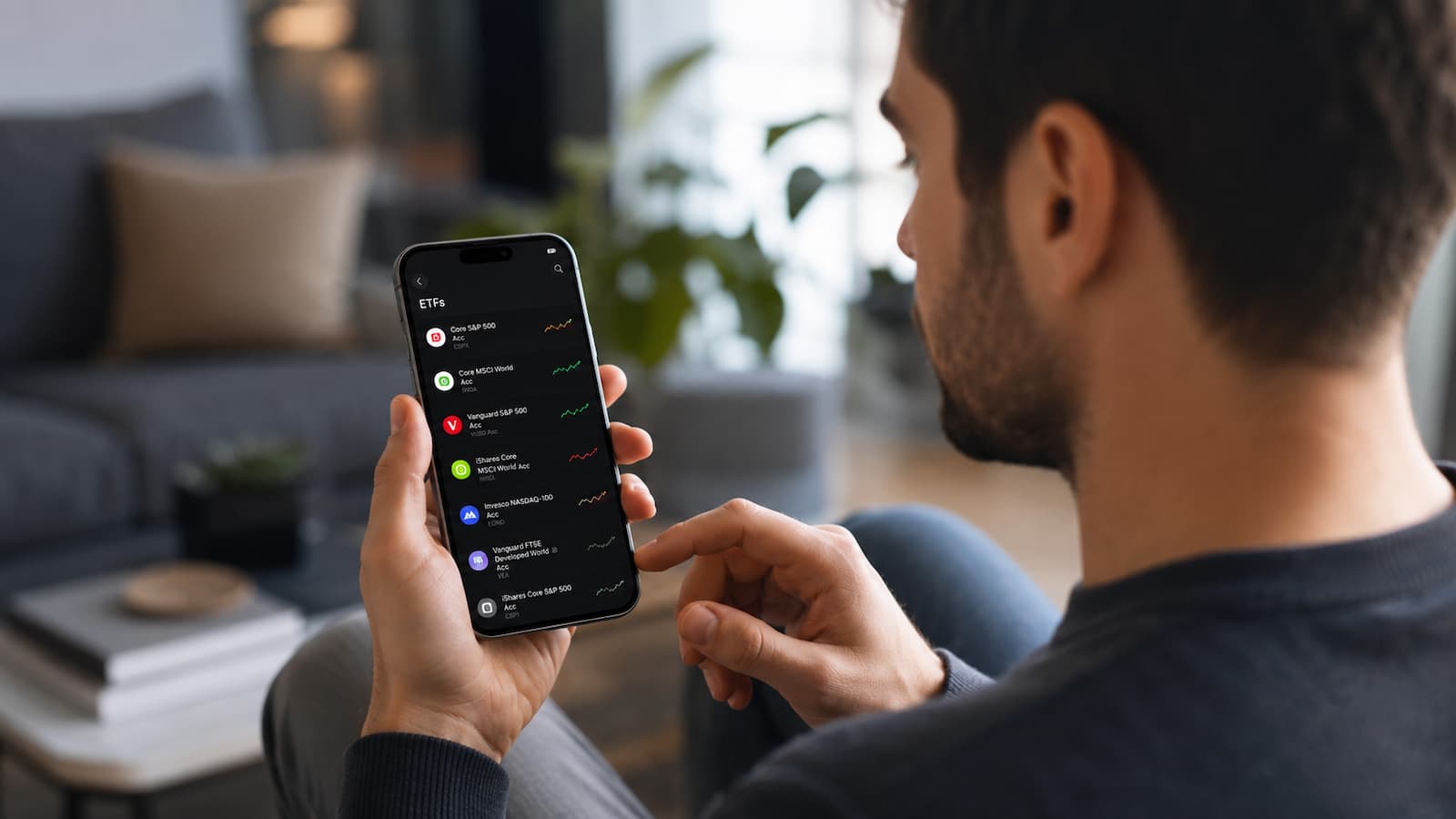 Inversor revisando ETFs disponibles en Revolut desde el móvil