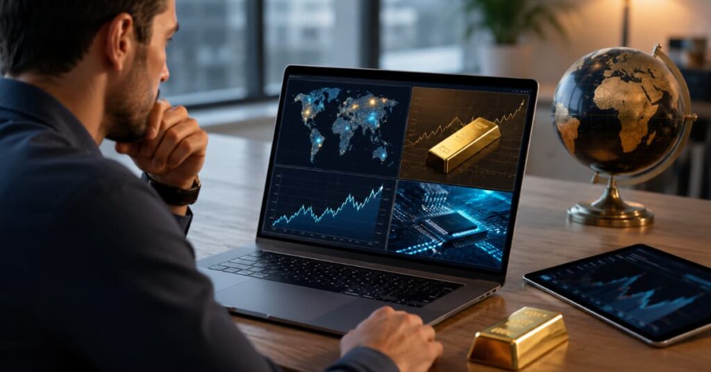 Inversor revisando ETFs globales oro y tecnología en un comparador.