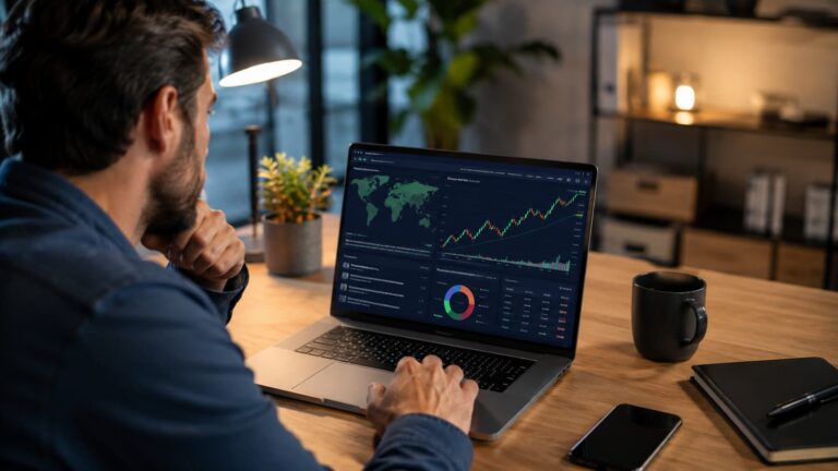 Inversor revisando ETFs globales y del S&P 500 en una plataforma online