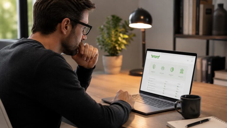 Inversor revisando las condiciones de eToro antes de elegir broker