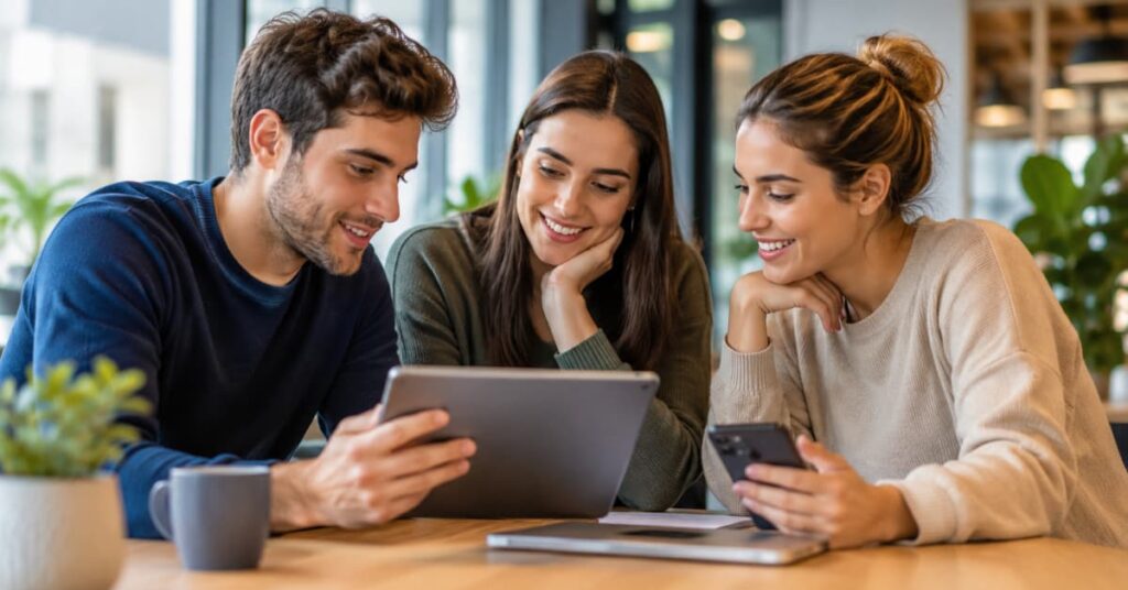Jóvenes revisando condiciones de una cuenta bancaria digital