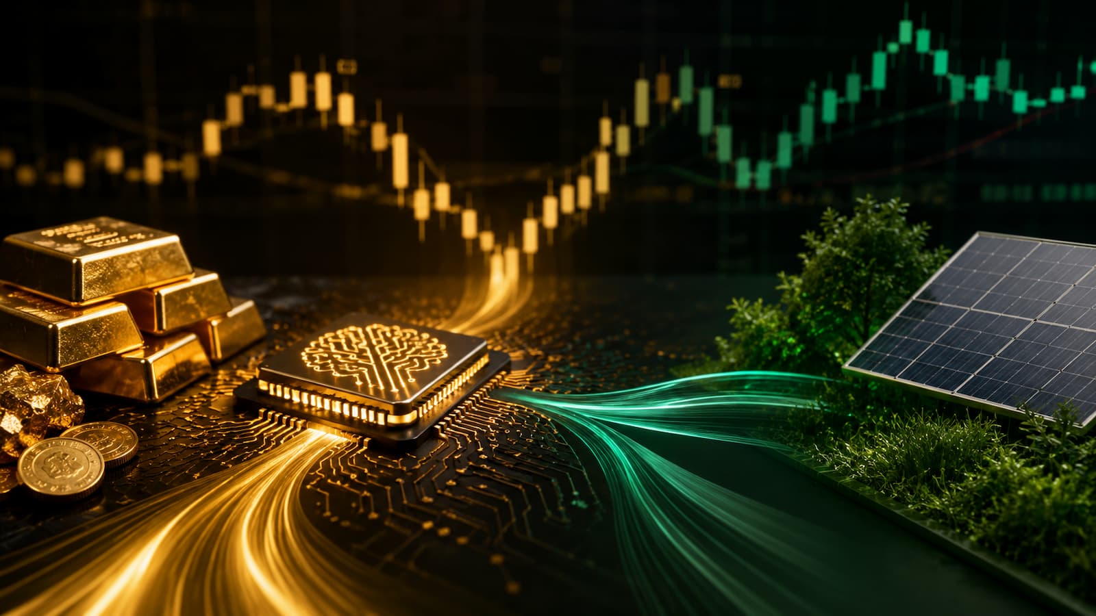 La rotación de flujos deja a los ETFs verdes detrás de IA y oro