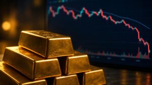 Lingotes de oro y gráfico de mercado tras la corrección del precio
