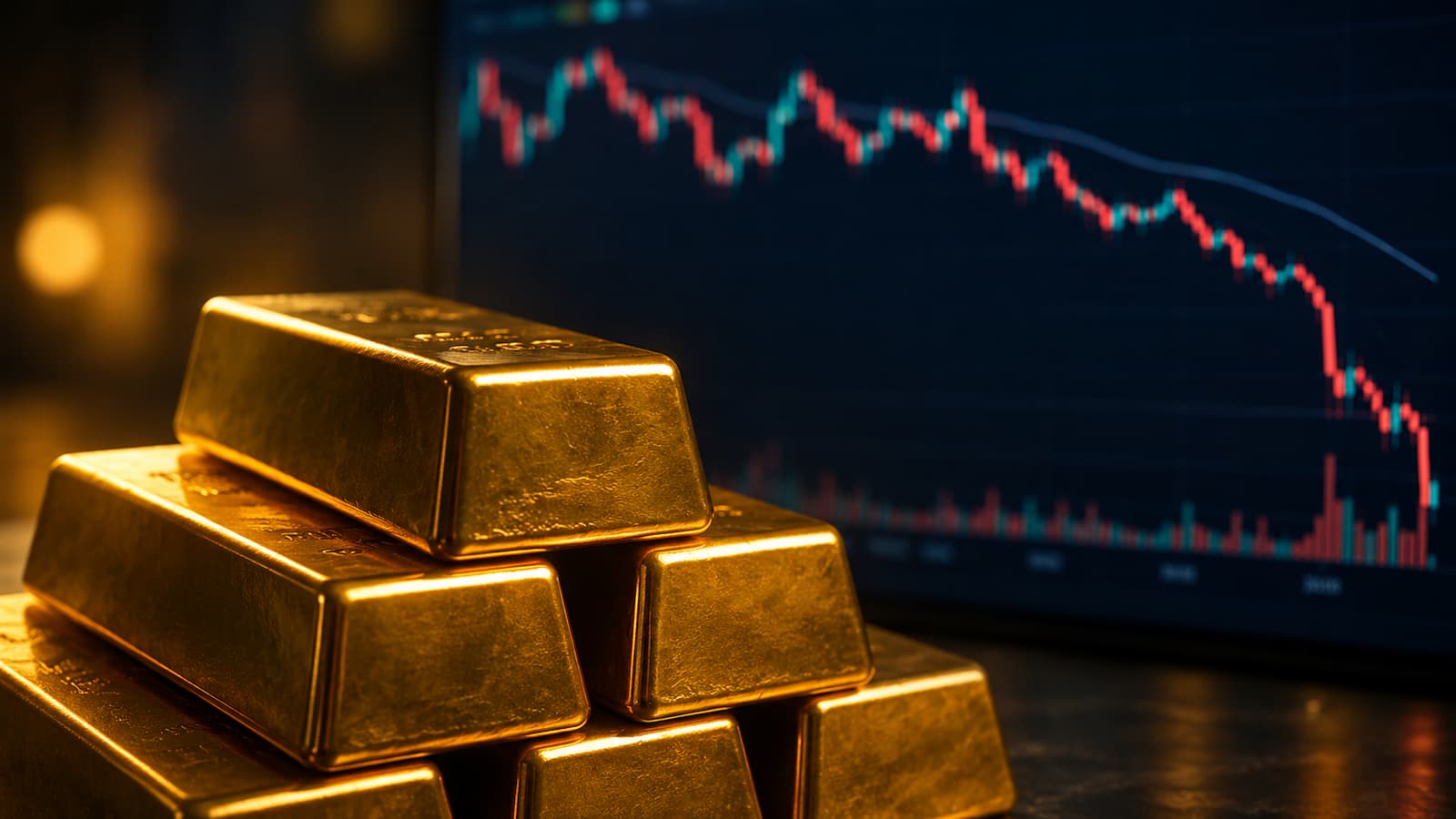 Lingotes de oro y gráfico de mercado tras la corrección del precio