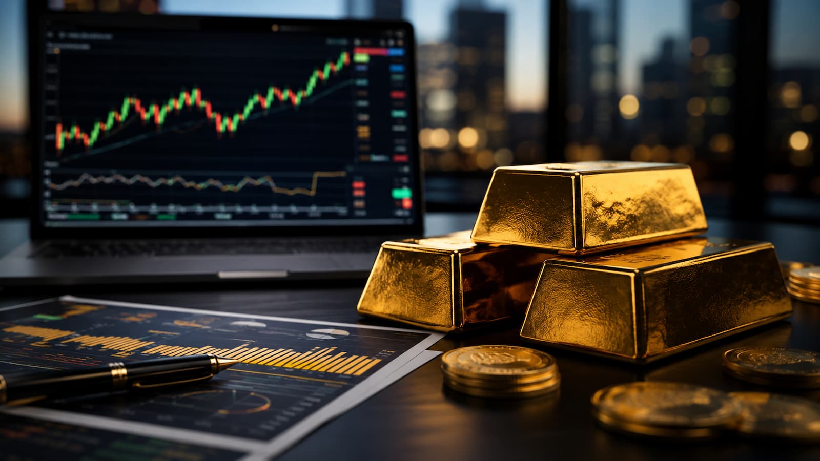 Lingotes de oro y gráficos de mercado en una mesa de inversión.