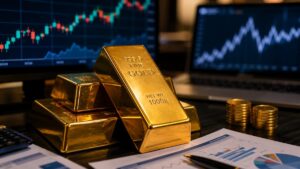 Lingotes de oro y gráficos de mercado en una mesa de inversión.