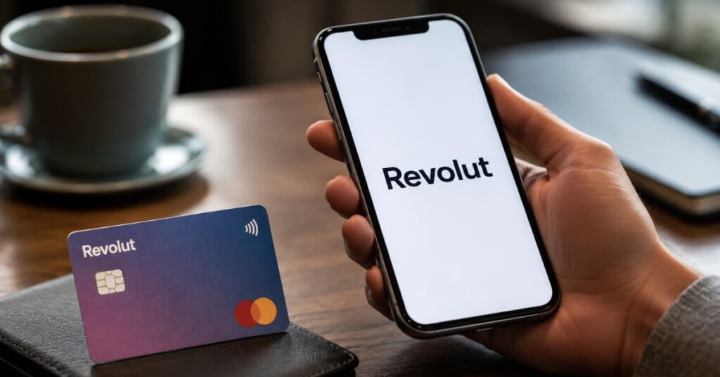 Logo de Revolut en una pantalla móvil junto a una tarjeta bancaria.
