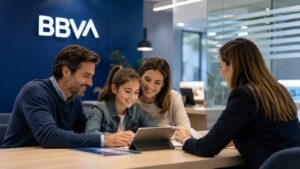 Oficina de BBVA con una familia revisando una cuenta para menores