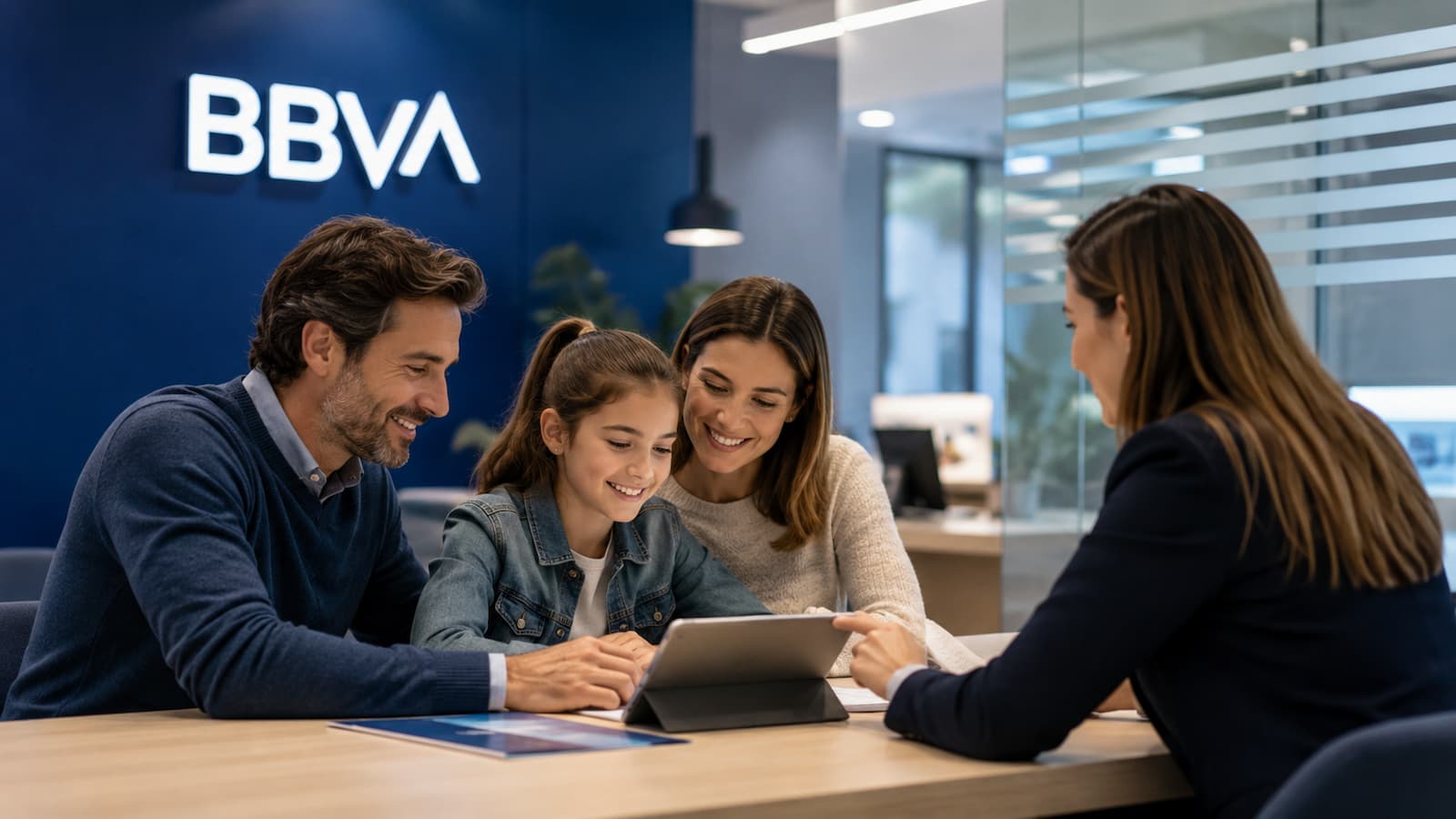 Oficina de BBVA con una familia revisando una cuenta para menores