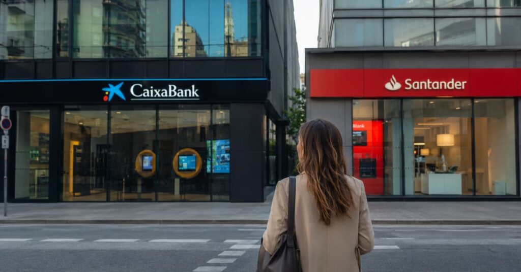 Oficinas de CaixaBank y Santander en una comparativa bancaria para clientes.