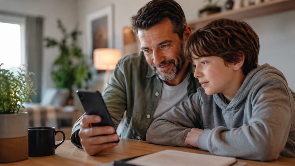 Padre revisando una cuenta infantil de inversión en una app bancaria