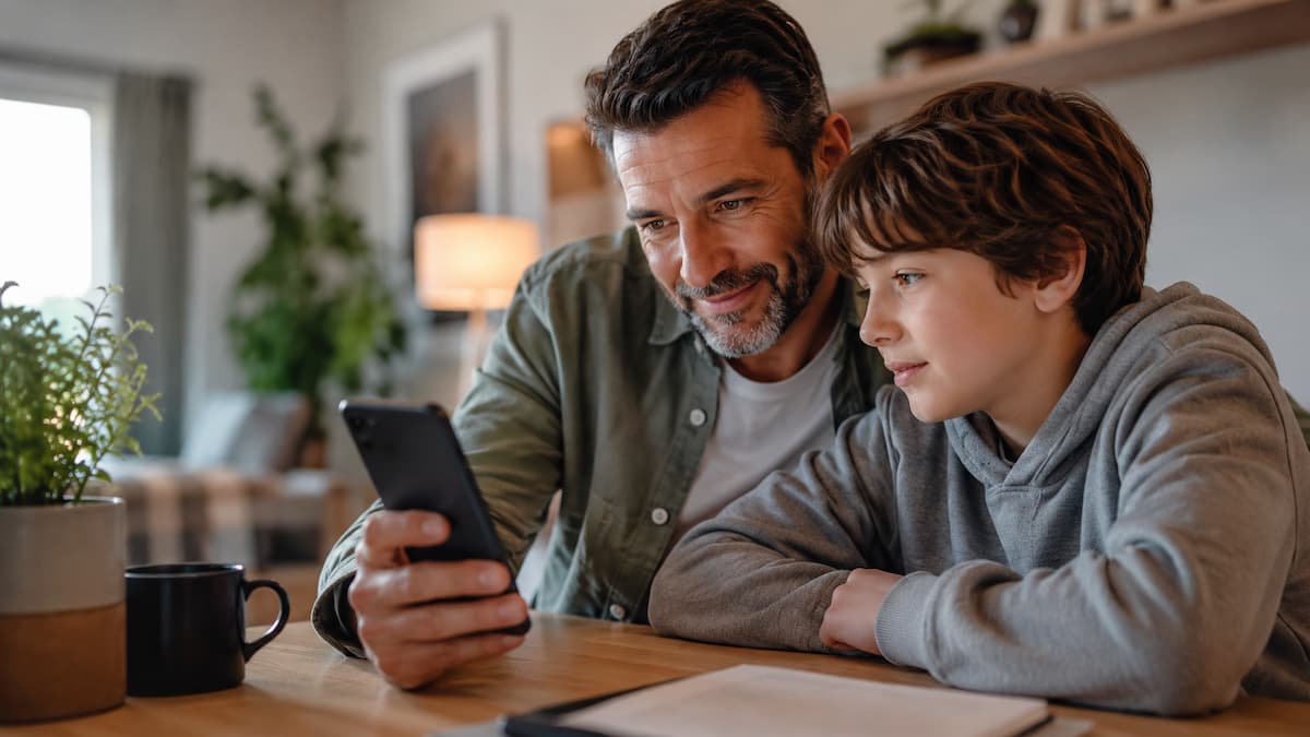 Padre revisando una cuenta infantil de inversión en una app bancaria