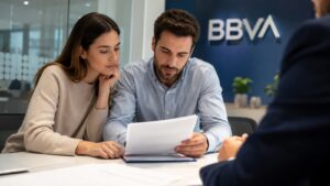 Pareja revisando las condiciones de una hipoteca fija en el BBVA antes de firmar