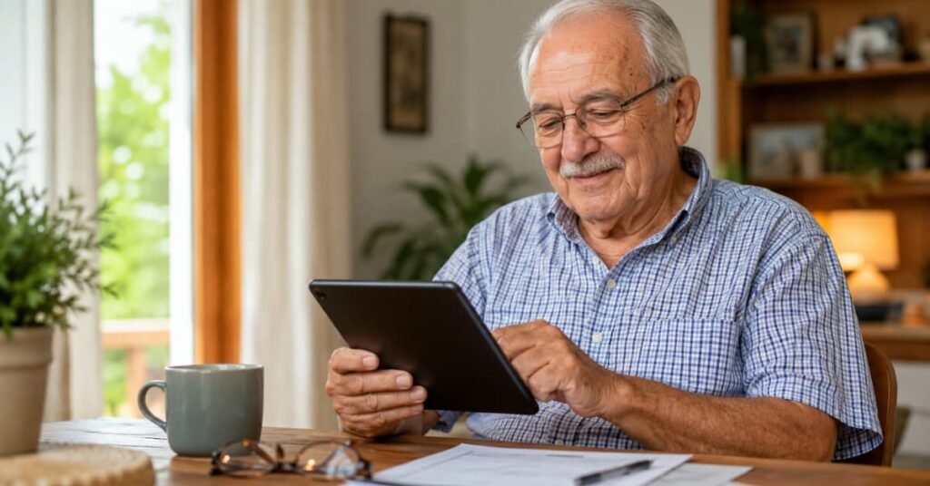 Pensionista revisando el ingreso de la paga extra de verano