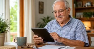 Pensionista revisando el ingreso de la paga extra de verano