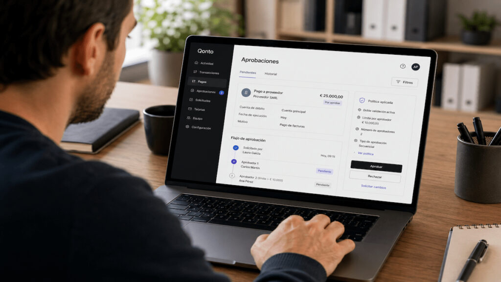 Qonto permite doble validación en pagos con límites y aprobadores.