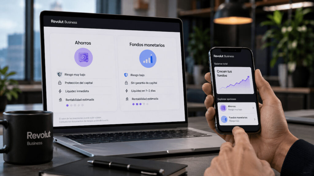 Revolut Business muestra Ahorros y Fondos Monetarios con riesgos distintos.
