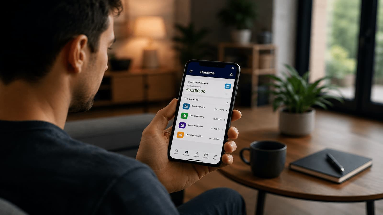 Usuario revisando cuentas online desde una app bancaria