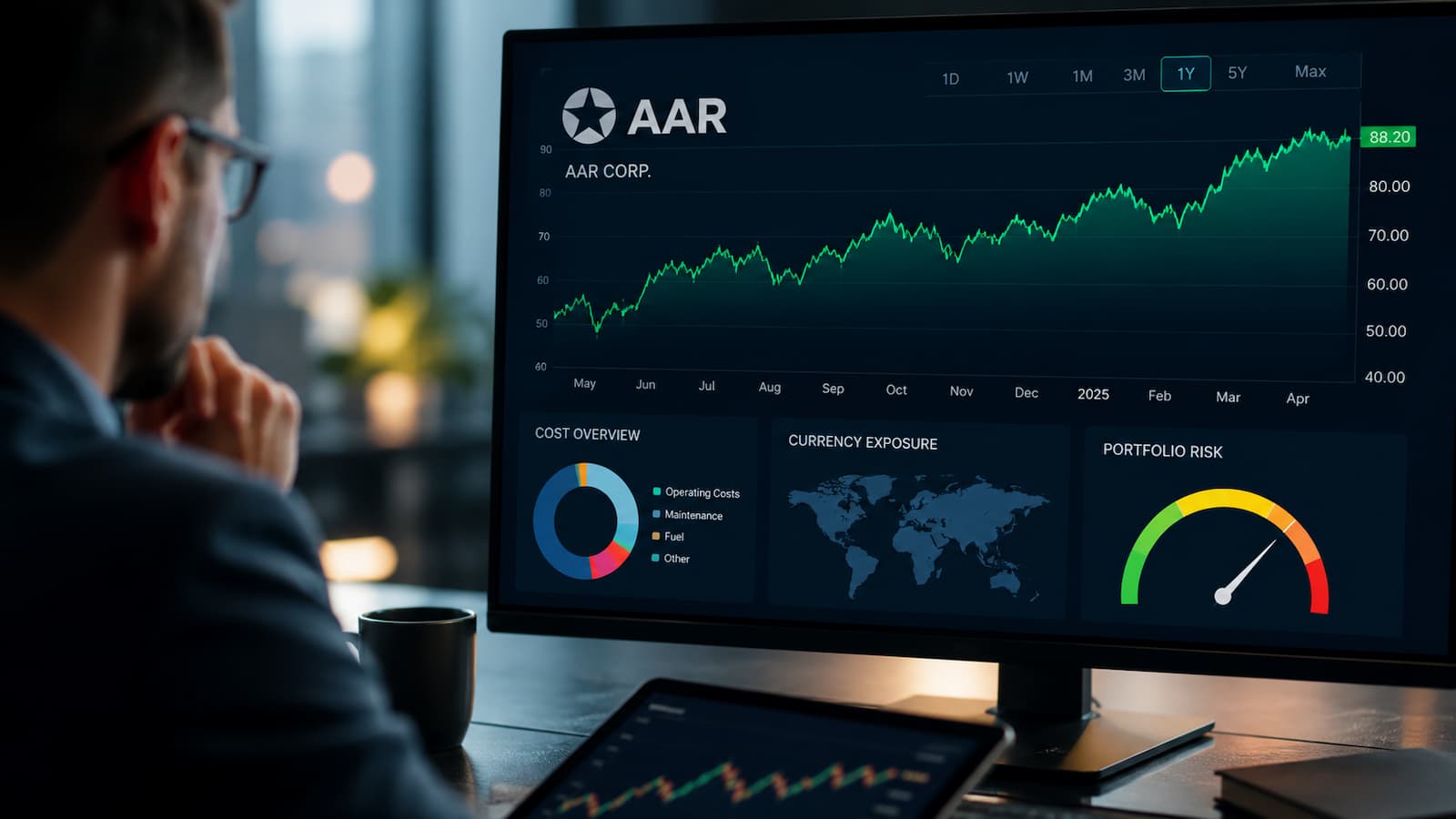 Acciones de AAR en pantalla con foco en costes divisa y riesgo de cartera