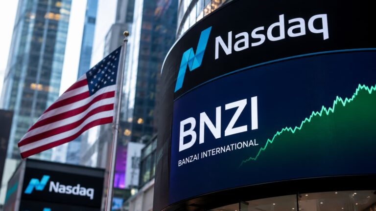 Acciones de Banzai International cotizando en Nasdaq bajo el ticker BNZI.