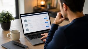 Ahorrador revisando depósitos europeos desde una plataforma online.