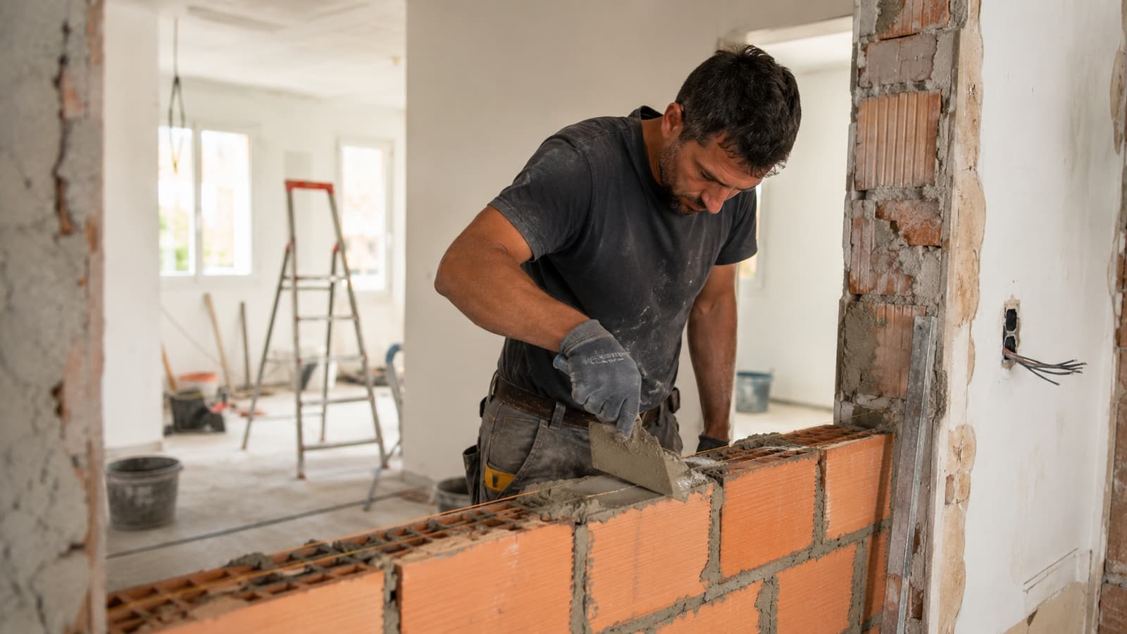 Albañil trabajando en una obra durante una reforma de vivienda