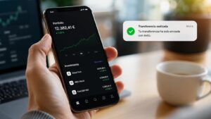 App de Trade Republic en un móvil junto a una transferencia bancaria.