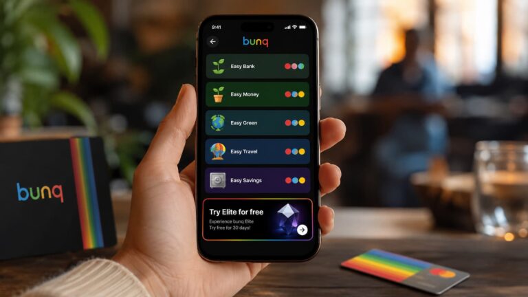 App de bunq con sus planes personales y prueba gratuita de Elite