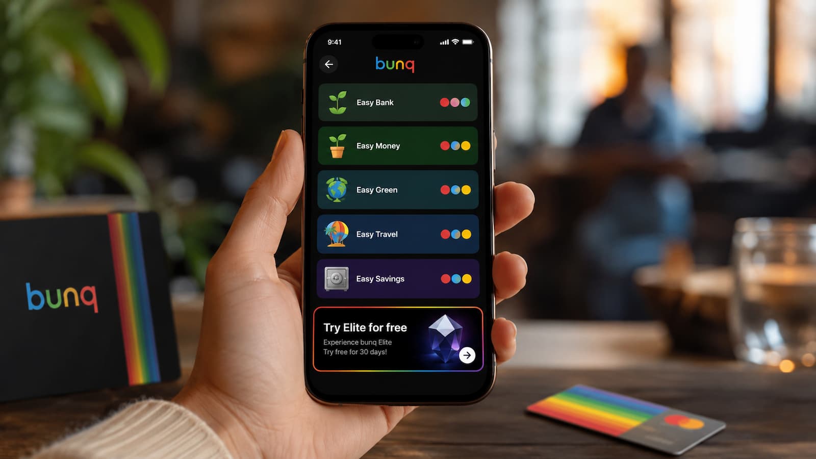 App de bunq con sus planes personales y prueba gratuita de Elite