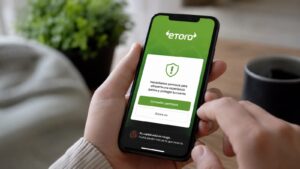 Apps de eToro en móvil con aviso sobre permisos y riesgo.