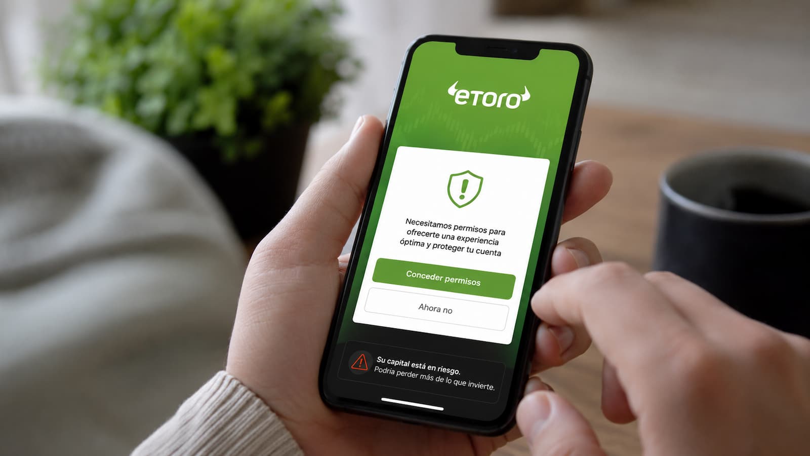 Apps de eToro en móvil con aviso sobre permisos y riesgo.