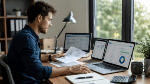 Autónomo revisando banca facturas y contabilidad desde varias herramientas