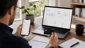 Autónomo revisando pagos facturas y tarjetas desde la app de Qonto