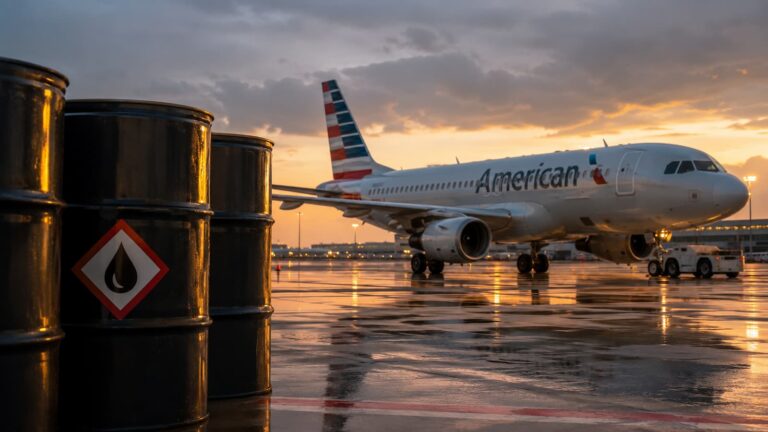 Avión de American Airlines en pista ante un mercado marcado por el combustible caro.
