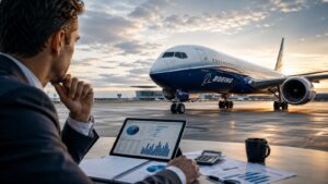 Avión de Boeing en pista mientras un inversor revisa costes divisa y riesgos.