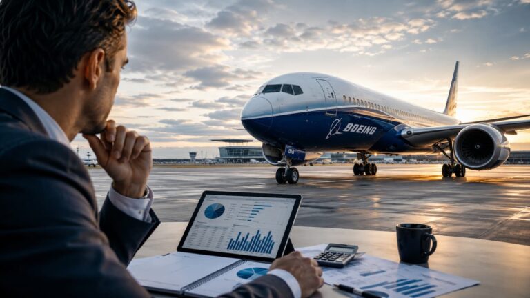 Avión de Boeing en pista mientras un inversor revisa costes divisa y riesgos.