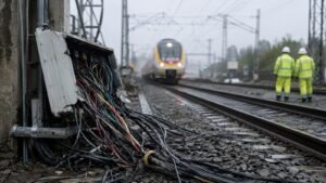 Cableado ferroviario junto a una vía de tren afectada por incidencias