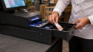 Cajón inteligente de efectivo instalado en un comercio.