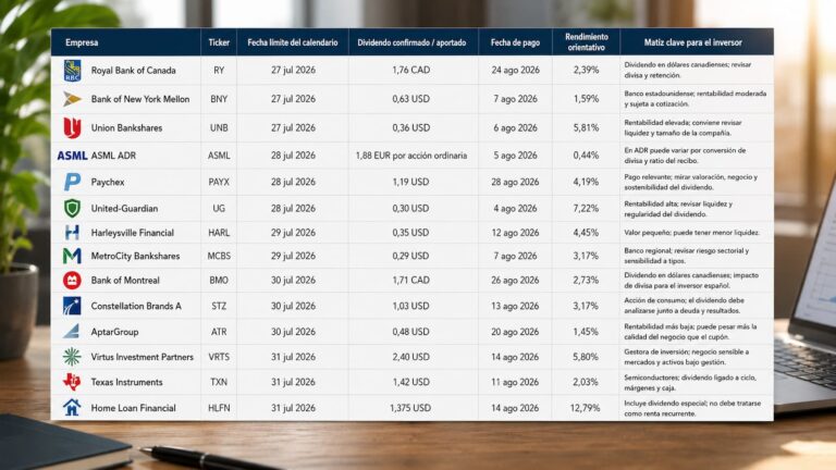 Calendario de dividendos con fechas de registro y pago de varias compañías cotizadas
