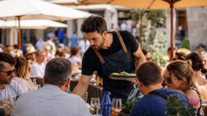 Camarero atendiendo una terraza en temporada alta en pleno debate sobre condiciones laborales y falta de personal en hostelería