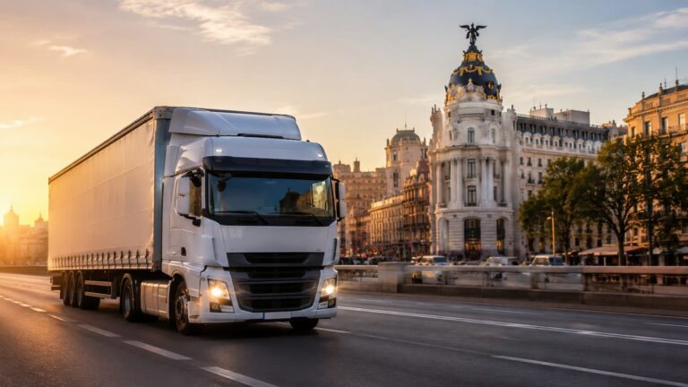 Camión circulando por Madrid al amanecer símbolo de empleo en transporte.