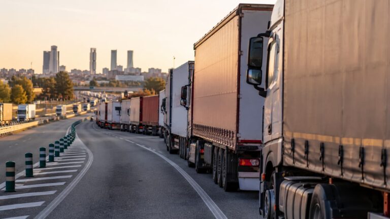 Camiones parados en una ruta de salida de Madrid tras restricciones de tráfico.