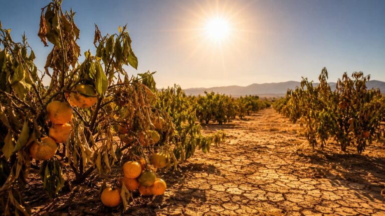 Campo de cítricos en la provincia de Castellón durante un episodio de calor extremo en julio de 2026.